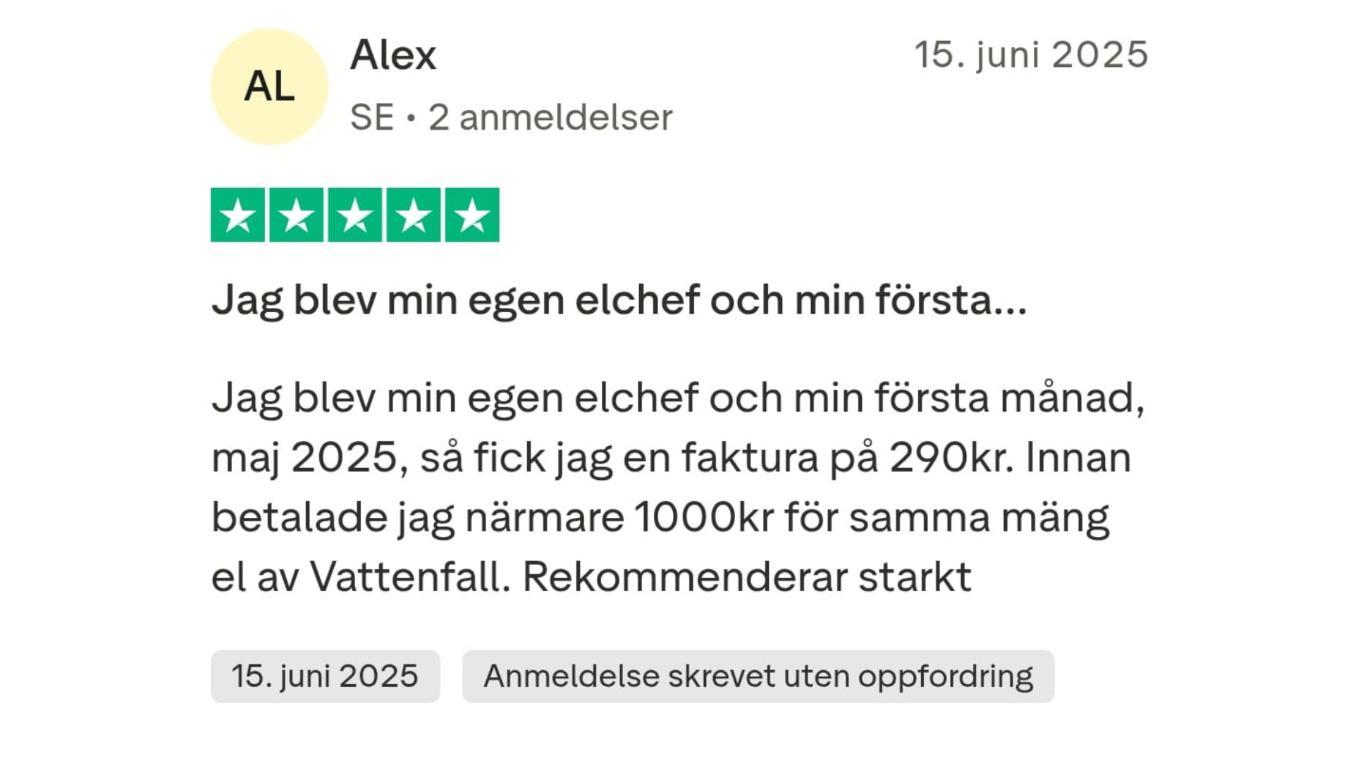 Trustpilot omdöme om Elchef – kundrecension för elavtal jämförelse i Sverige