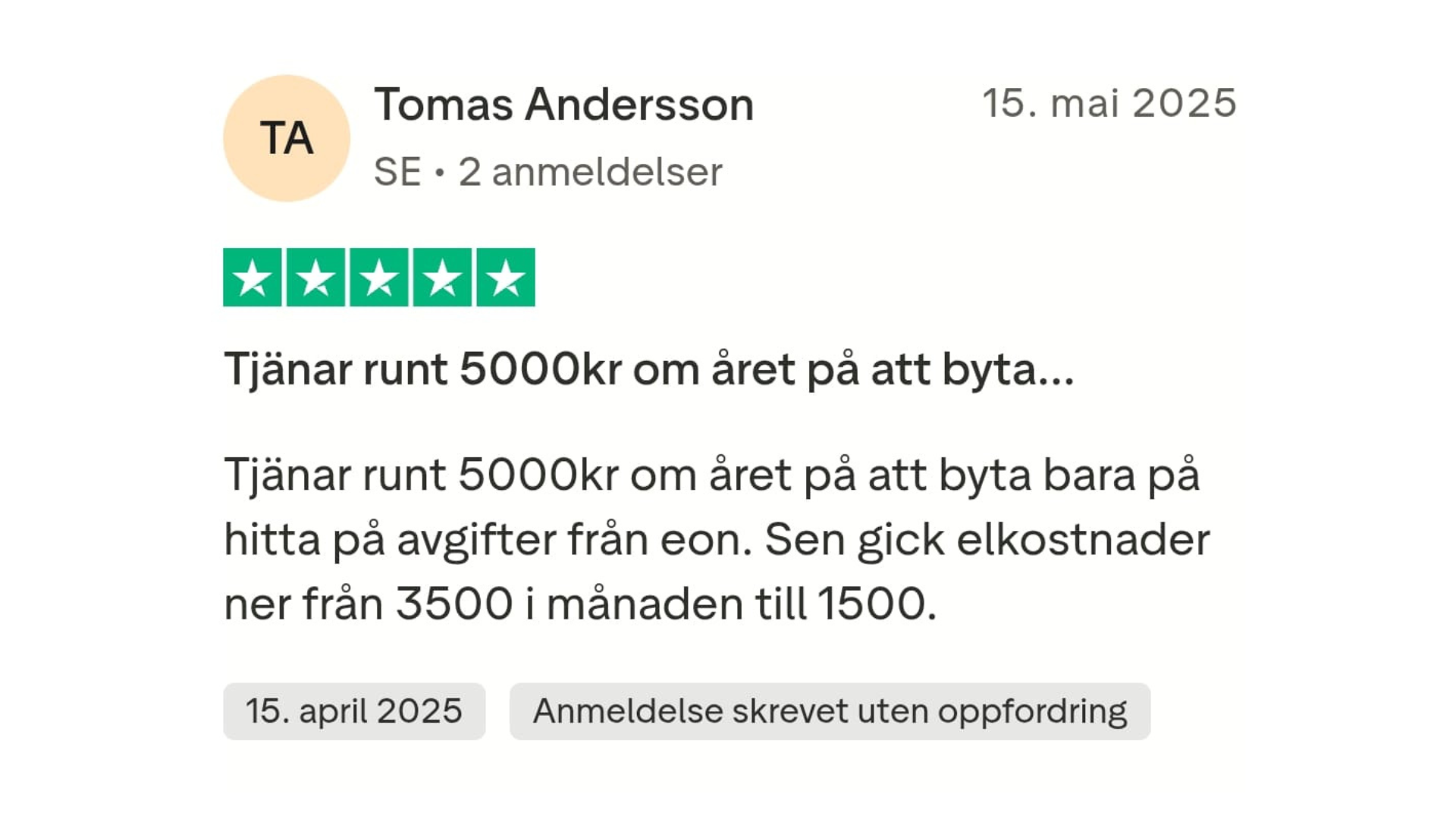 Trustpilot omdöme om Elchef – kundrecension för elavtal jämförelse i Sverige