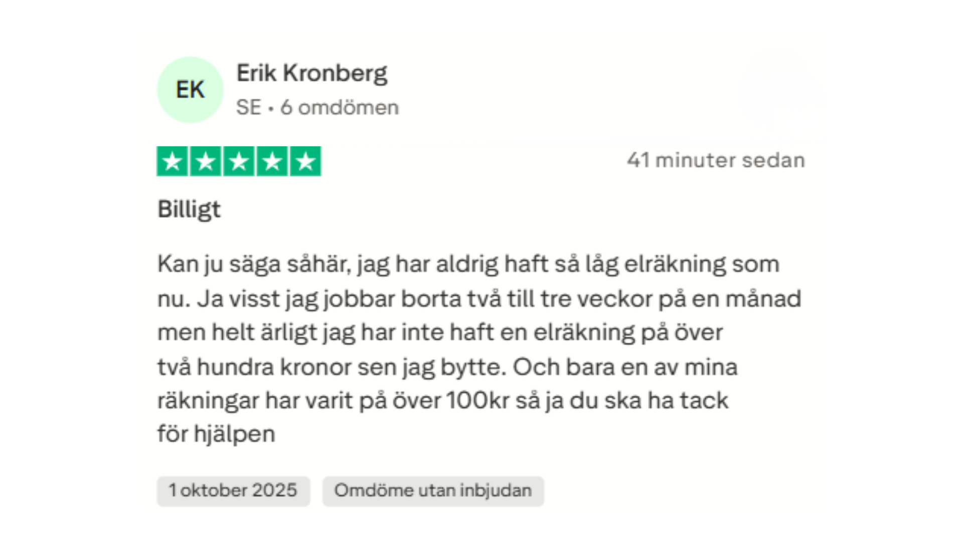 Trustpilot omdöme om Elchef – kundrecension för elavtal jämförelse i Sverige